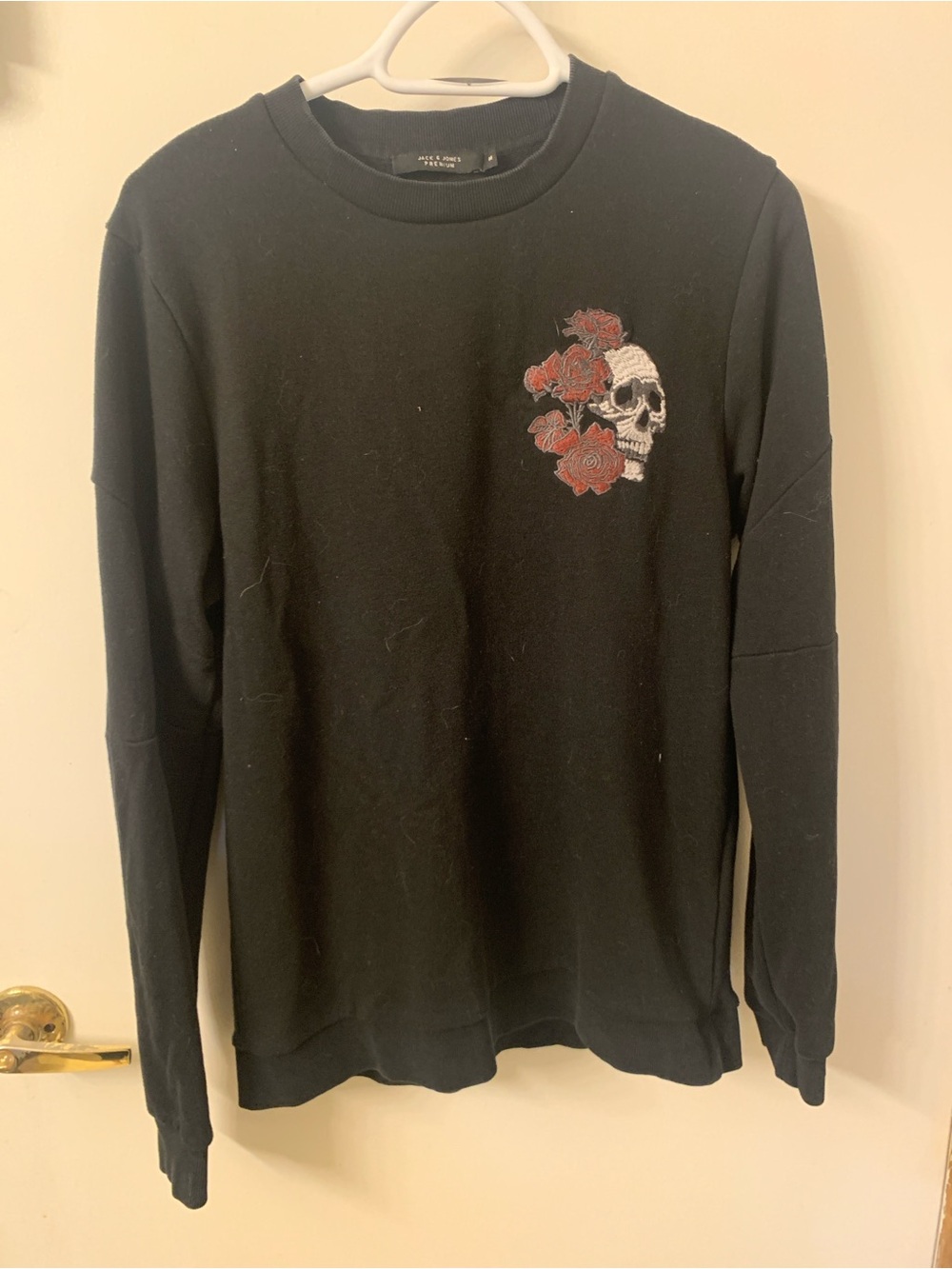 Jack & Jones Black Long-Sleeve Crewneck with Skull & Red Rose Embroidery